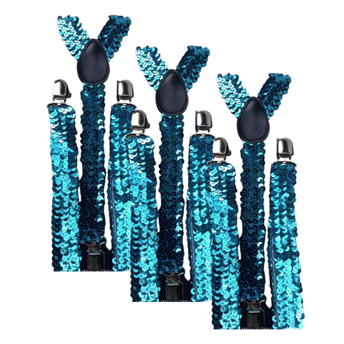 3x Mens Suspenders Braces Adjustable Strong Clip On Elastic Formal Wedding Slim - Blue (Sequin) - Main Image