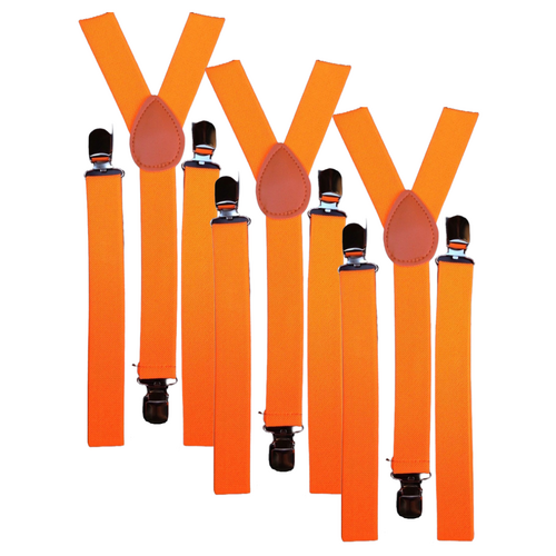 3x Mens Suspenders Braces Adjustable Strong Clip On Elastic Formal Wedding Slim - Fluro Orange - Main Image