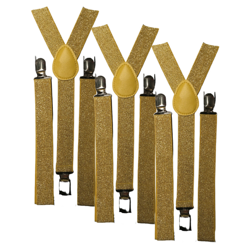 3x Mens Suspenders Braces Adjustable Strong Clip On Elastic Formal Wedding Slim - Gold (Glitter) - Main Image