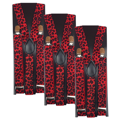 3x Mens Suspenders Braces Adjustable Strong Clip On Elastic Formal Wedding Slim - Red Leopard - Main Image