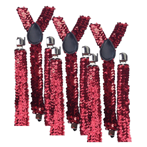 3x Mens Suspenders Braces Adjustable Strong Clip On Elastic Formal Wedding Slim - Red (Sequin) - Main Image