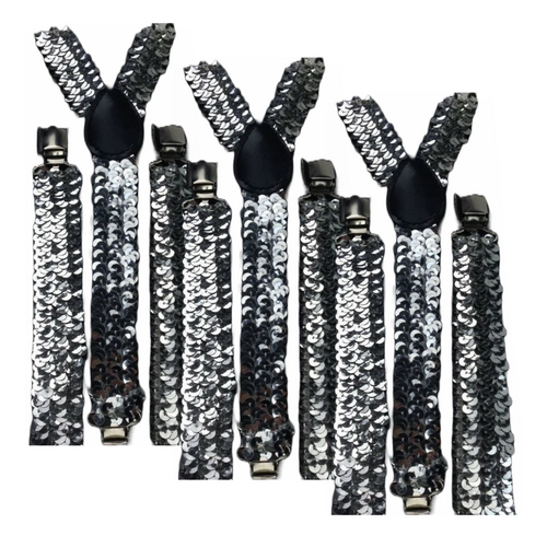 3x Mens Suspenders Braces Adjustable Strong Clip On Elastic Formal Wedding Slim - Silver (Sequin) - Main Image