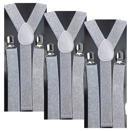 3x Mens Suspenders Braces Adjustable Strong Clip On Elastic Formal Wedding Slim - White (Glitter) - Main Image