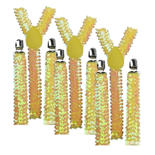 3x Mens Suspenders Braces Adjustable Strong Clip On Elastic Formal Wedding Slim - Yellow (Sequin) - Main Image