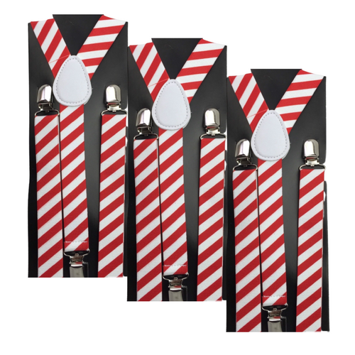 3x Mens Suspenders Braces Adjustable Strong Clip On Elastic Formal Wedding Slim - Red/White Diagonal Stripes - Main Image