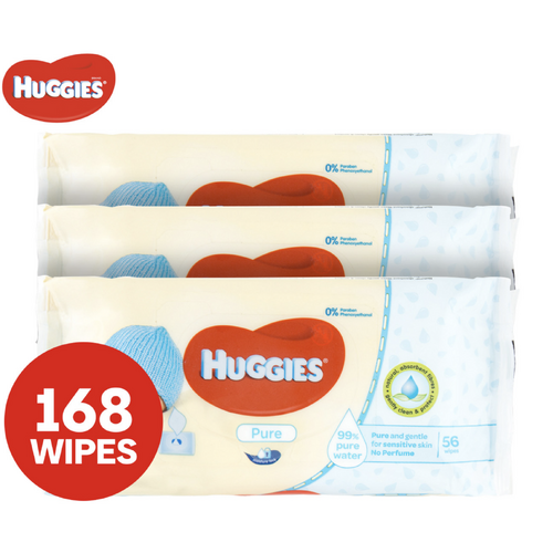 3x Huggies Pk56 Baby Wipes Pure Unscented Sticky Top - Main Image