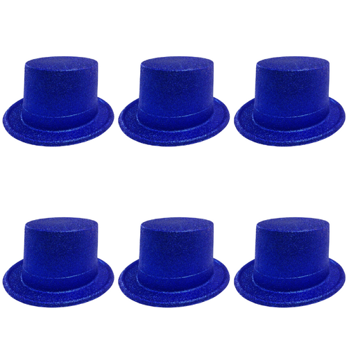 6x Glitter Top Hat Fancy Party Plastic Costume Tall Cap Fun Bulk - Blue - Main Image