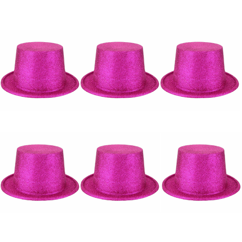 6x Glitter Top Hat Fancy Party Plastic Costume Tall Cap Fun Bulk - Hot Pink - Main Image