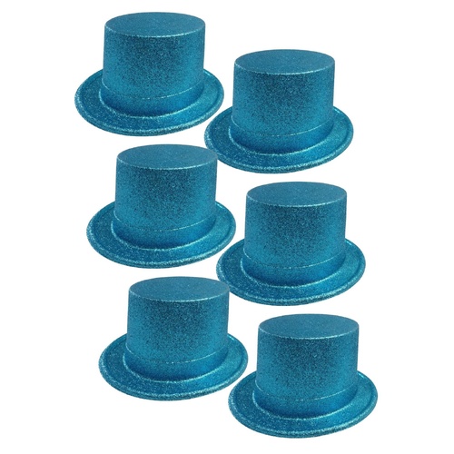 6x GLITTER TOP HAT Fancy Party Plastic Costume Tall Cap Fun Dress Up BULK - Sky Blue - Main Image