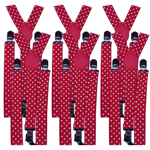 6x Mens Suspenders Braces Adjustable Strong Clip On Elastic Formal Wedding BULK - Red with White Polka Dot - Main Image