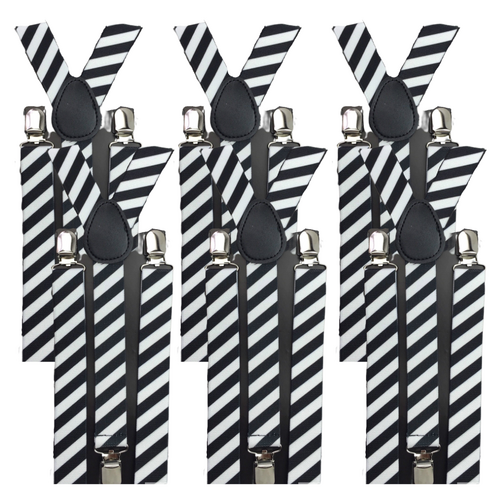 6x Mens Suspenders Braces Adjustable Strong Clip On Elastic Formal Wedding BULK - Black/White Diagonal Stripes - Main Image