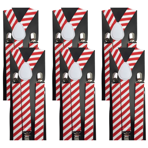 6x Mens Suspenders Braces Adjustable Strong Clip On Elastic Formal Wedding BULK - Red/White Diagonal Stripes - Main Image
