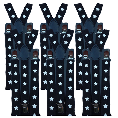 6x Mens Suspenders Braces Adjustable Strong Clip On Elastic Formal Wedding BULK - Black with White Stars - Main Image