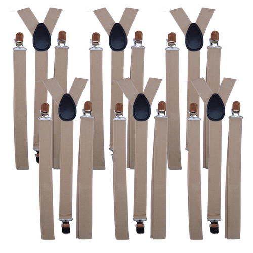6x Mens Suspenders Braces Adjustable Strong Clip On Elastic Formal Wedding BULK - Beige - Main Image