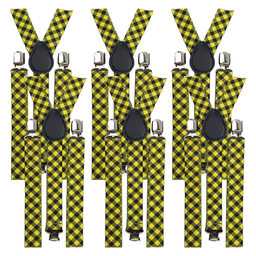 6x Mens Suspenders Braces Adjustable Strong Clip On Elastic Formal Wedding BULK - Black/Yellow Check - Main Image