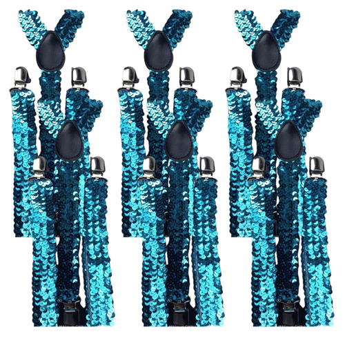 6x Mens Suspenders Braces Adjustable Strong Clip On Elastic Formal Wedding BULK - Blue (Sequin) - Main Image