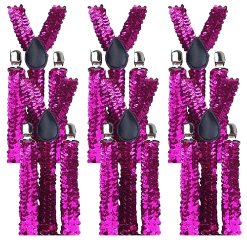 6x Mens Suspenders Braces Adjustable Strong Clip On Elastic Formal Wedding BULK - Hot Pink (Sequin) - Main Image