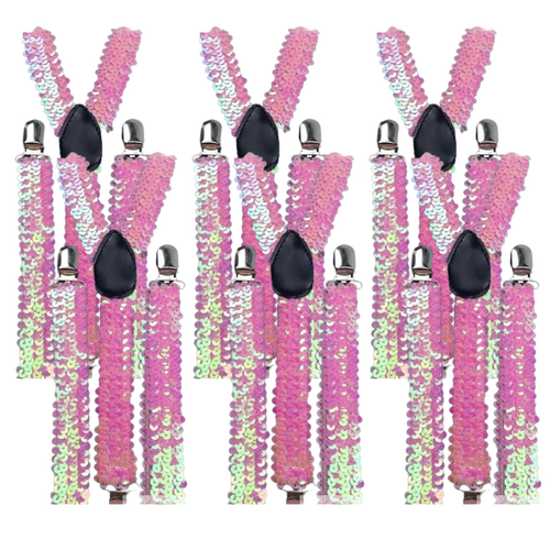 6x Mens Suspenders Braces Adjustable Strong Clip On Elastic Formal Wedding BULK - Light Pink (Sequin) - Main Image