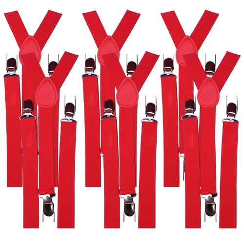 6x Mens Suspenders Braces Adjustable Strong Clip On Elastic Formal Wedding BULK - Red - Main Image