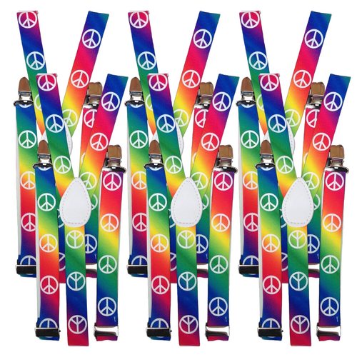 6x Mens Suspenders Braces Adjustable Strong Clip On Elastic Formal Wedding BULK - Rainbow with Peace Symbol - Main Image