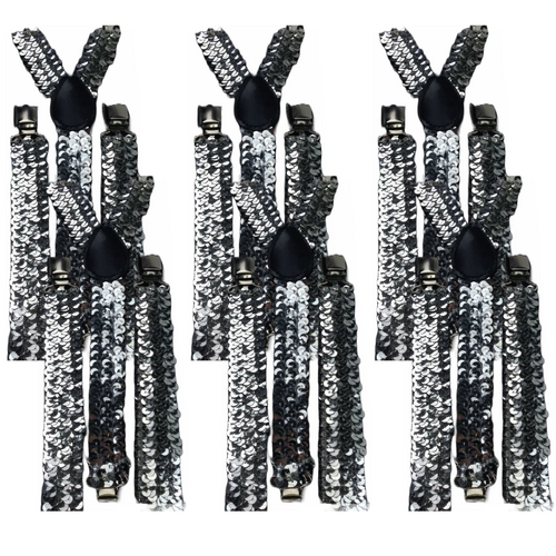 6x Mens Suspenders Braces Adjustable Strong Clip On Elastic Formal Wedding BULK - Silver (Sequin) - Main Image