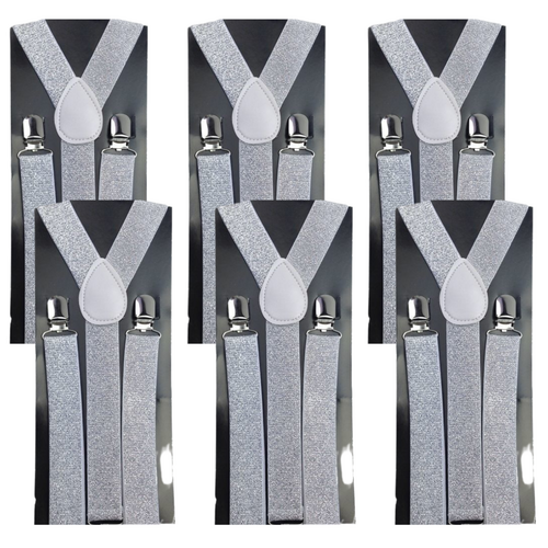 6x Mens Suspenders Braces Adjustable Strong Clip On Elastic Formal Wedding BULK - White (Glitter) - Main Image