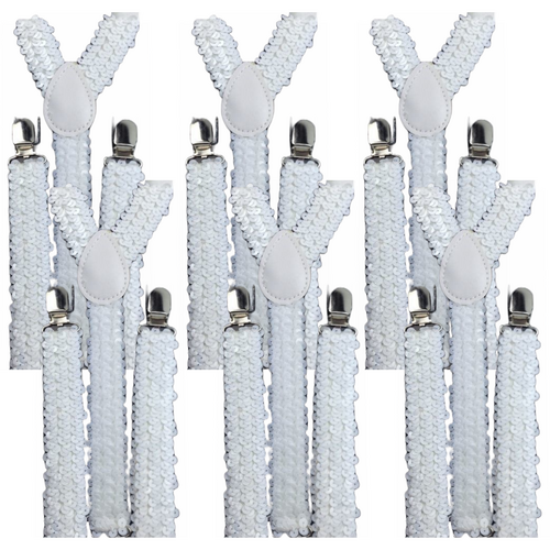 6x Mens Suspenders Braces Adjustable Strong Clip On Elastic Formal Wedding BULK - White (Sequin) - Main Image