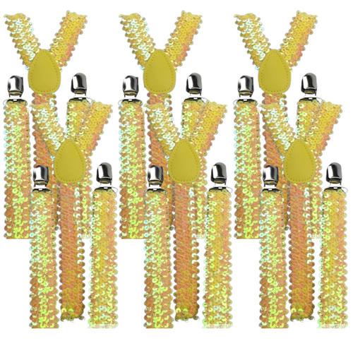 6x Mens Suspenders Braces Adjustable Strong Clip On Elastic Formal Wedding BULK - Yellow (Sequin) - Main Image
