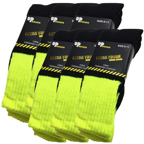 6x Pairs HI VIS SOCKS Workwear Work Safety Tradie High Visibility Fluro - Yellow - 11-14 - Main Image