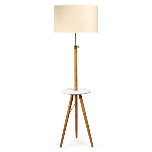 165cm Adjustable Bamboo Tripod Floor Lamp Light with Linen Shade & Built-In Table - Main Image