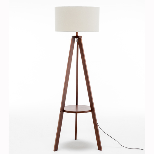 Natural Wooden Tripod Floor Lamp w/ Round Shelf + Off White Linen Shade - Cherry - Main Image