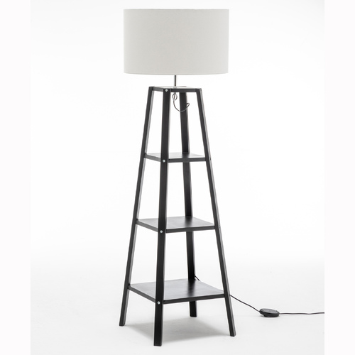 Eiffel 3 Tier Natural Wood Floor Lamp w/ Storage Shelves + Off White Linen Shade - Main Image
