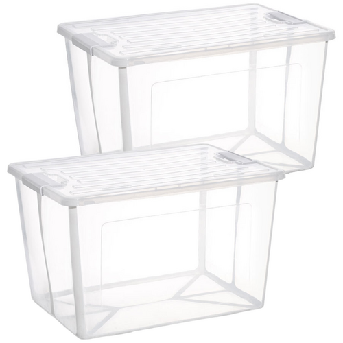 2x 37 Litre Modular Clear Foldable Storage Box with Lid Plastic Tub Collapsible - Main Image