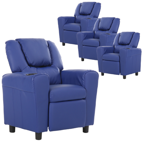 Set of 4 Oliver Kids Recliner Chair Sofa Children Lounge Couch PU Armchair Blue - Main Image