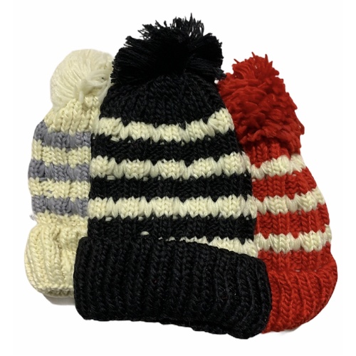 Womens Thick Knit Beanie Winter Fleece Lined Hat Warm Faux Fur Pom Striped Ski - Main Image