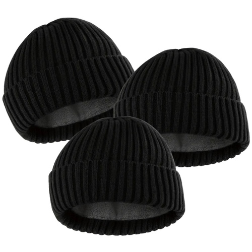 3x Unisex Winter Knitted Hat Warm Thick Beanie Fleece Ski Cap  Thermal - Black - Main Image
