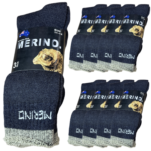 9 Pairs MERINO WOOL SOCKS Mens Heavy Duty Premium Thick Work Socks Cushion BULK - Navy Blue - 11-14 - Main Image
