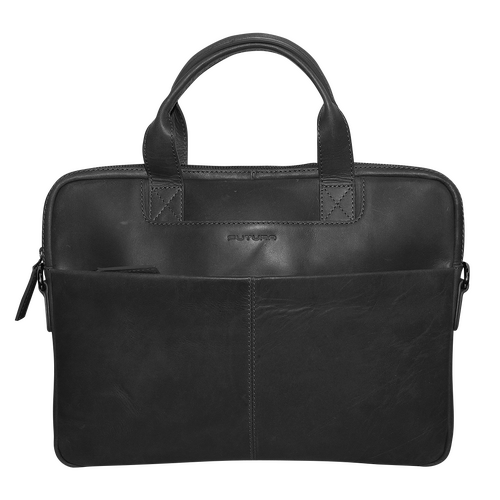 Futura Mens Slimline Leather Laptop Bag School Work Satchel Shoulder Strap - Black - Main Image