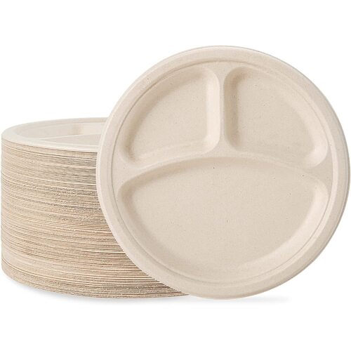 600pcs Disposable Sugarcane Bagasse 3-Compartment Paper Plates Eco 23cm (9") Bulk - Main Image