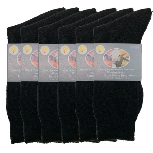 6 Pairs Merino Wool Blend Woolen Work Socks Hiking Heavy Duty Warm Thermal Bulk - Black - 11-14 - Main Image