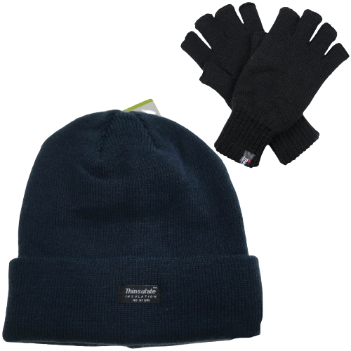 2pcs Set Mens 3M Thinsulate Pull-On Beanie + Knitted Fingerless Gloves - Main Image