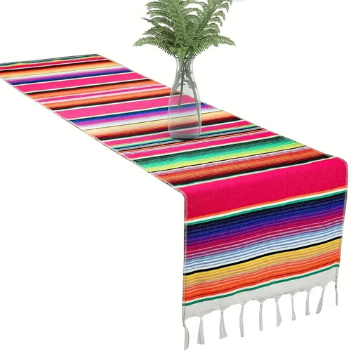 Rainbow Table Runner Stripe With Tassel Mexican Tablecloth Wedding Party Decor - Main Image