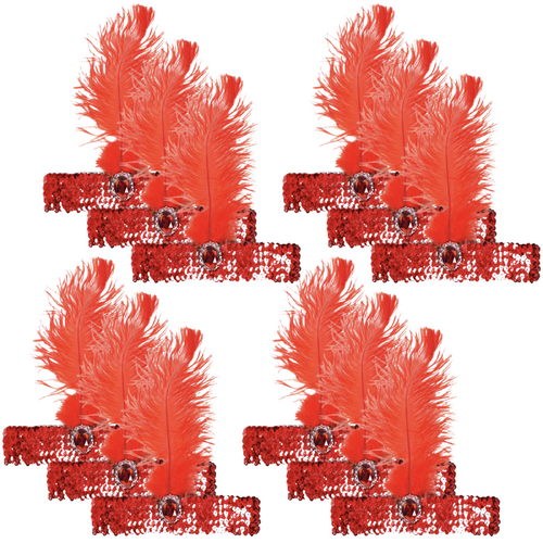 12x 1920s FLAPPER HEADBAND Headpiece Feather Sequin Charleston Gatsby Party BULK - Red - Main Image