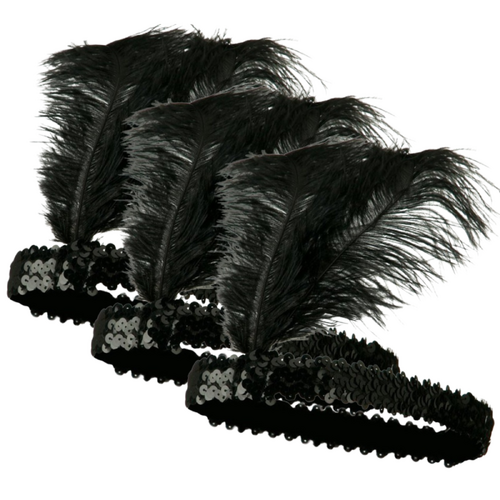 3x 1920s FLAPPER HEADBAND Headpiece Feather Sequin Charleston Costume Gatsby - Black - Main Image