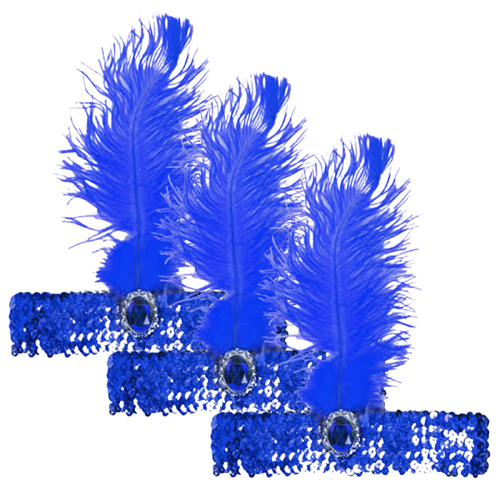 3x 1920s FLAPPER HEADBAND Headpiece Feather Sequin Charleston Costume Gatsby - Blue - Main Image