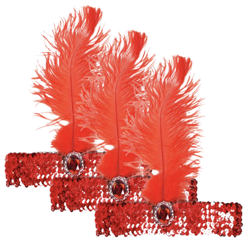 3x 1920s FLAPPER HEADBAND Headpiece Feather Sequin Charleston Costume Gatsby - Red - Main Image
