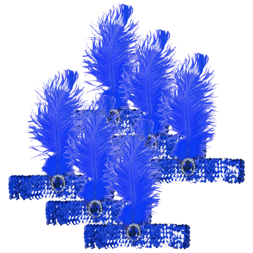 6x 1920s FLAPPER HEADBAND Headpiece Feather Sequin Charleston Costume Party BULK - Blue - Main Image