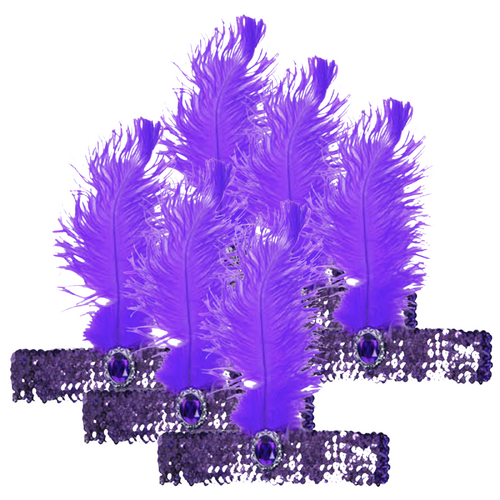 6x 1920s FLAPPER HEADBAND Headpiece Feather Sequin Charleston Costume Party BULK - Purple - Main Image