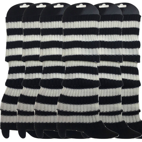 6x Womens Leg Warmers Disco Winter Knit Dance Party Crochet Legging Socks Costume - Black/White Stripe - Main Image