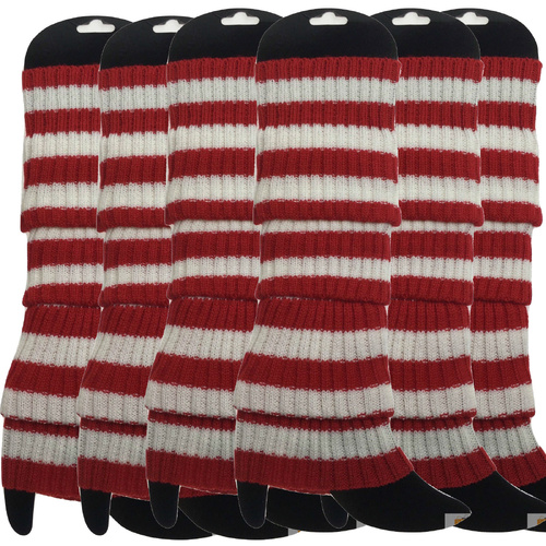 6x Womens Leg Warmers Disco Winter Knit Dance Party Crochet Legging Socks Costume - Red/White Stripe - Main Image